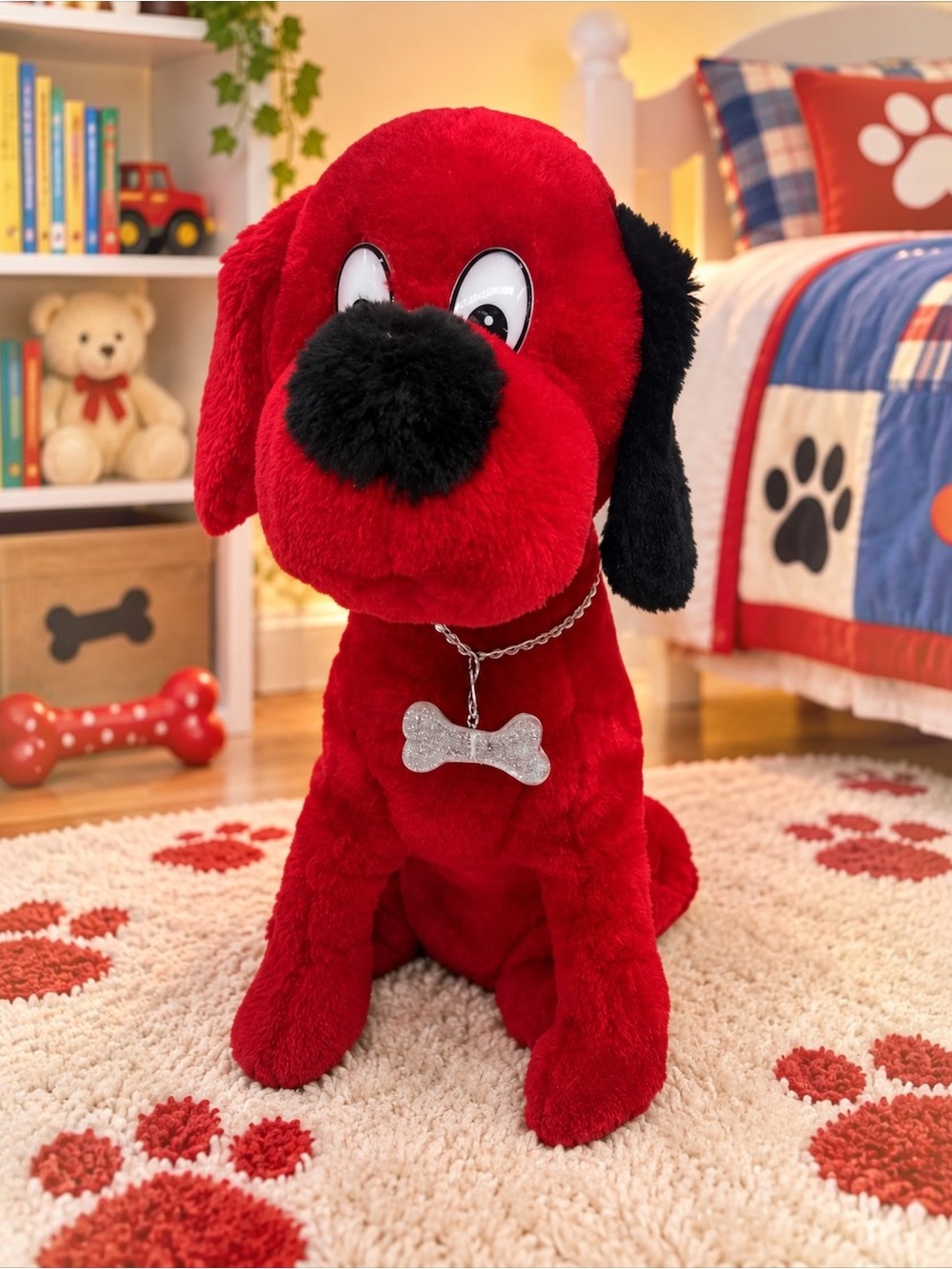 Vintage Red Black Dog Plush 13.5” Sitting Stuffed Animal Glitter Bone Collar